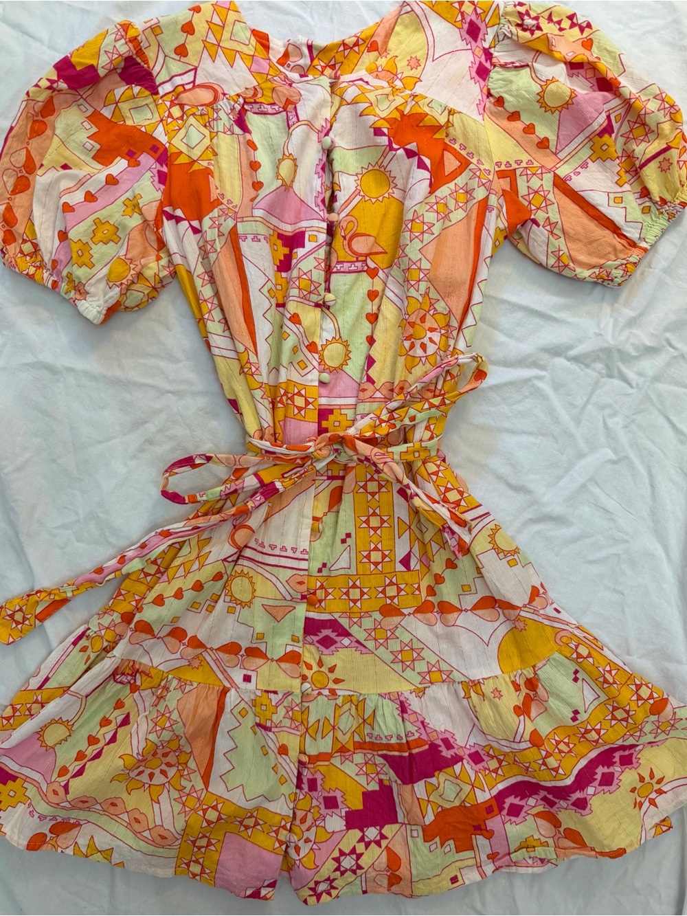 Women's Multicolor Geometric Print Tie-Waist Mini Dress - Pink & Orange